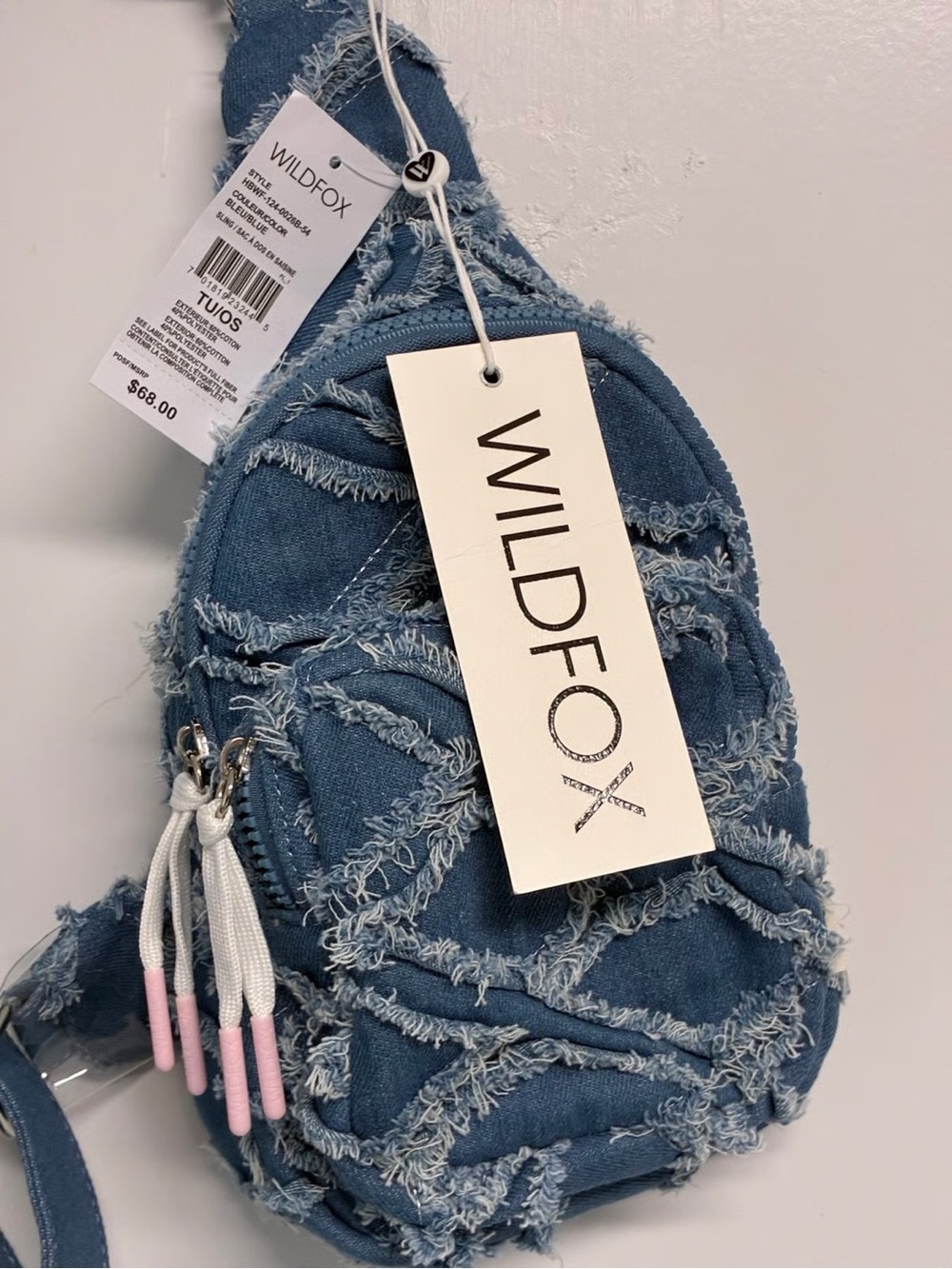 Wildfox Distressed Denim Crossbody Bag with Pink Accent